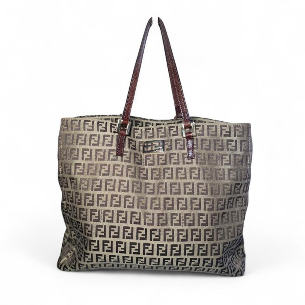Authentic vintage Fendi FF Zucchino Canvas Leather Brown Tote Bag W/Dustbag